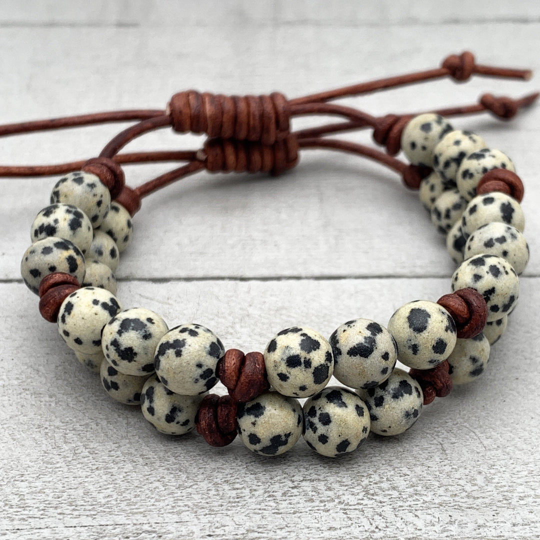 Dalmatian Jasper and Leather Gemstone Bracelet - SunlightSilver