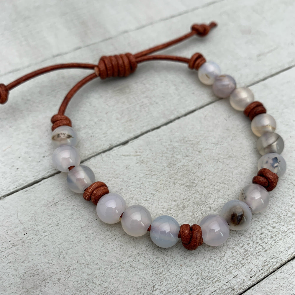 Montana Agate Gemstone and Rustic Brown Leather Bracelet - SunlightSilver