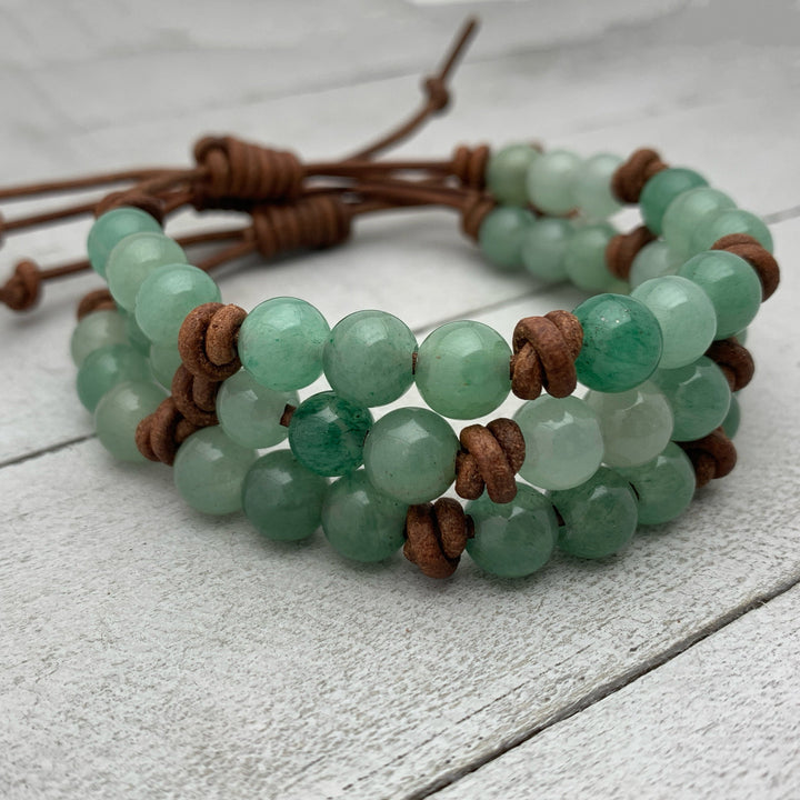 Aventurine Gemstone and Rustic Brown Leather Layering Bracelet - SunlightSilver