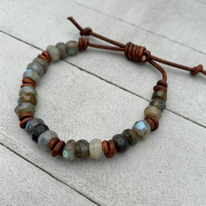 Faceted Labradorite Gemstone and Rustic Brown Leather Stacking Bracelet - SunlightSilver