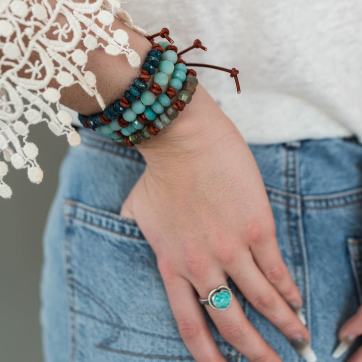 Faceted Labradorite Gemstone and Rustic Brown Leather Stacking Bracelet - SunlightSilver