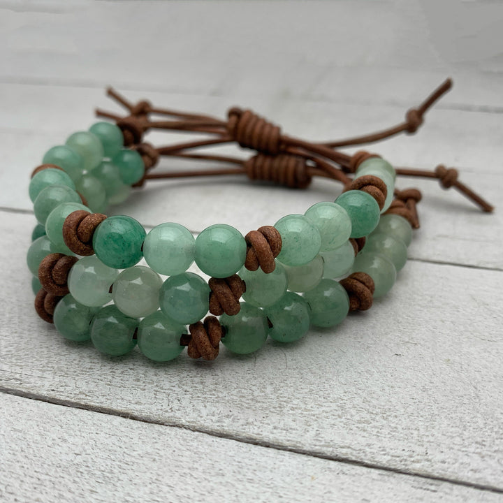 Aventurine Gemstone and Rustic Brown Leather Layering Bracelet - SunlightSilver