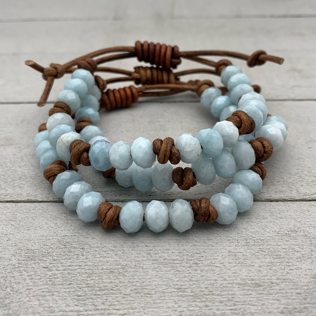 Aquamarine and Rustic Brown Leather Bracelet. Faceted Blue Gemstones - SunlightSilver