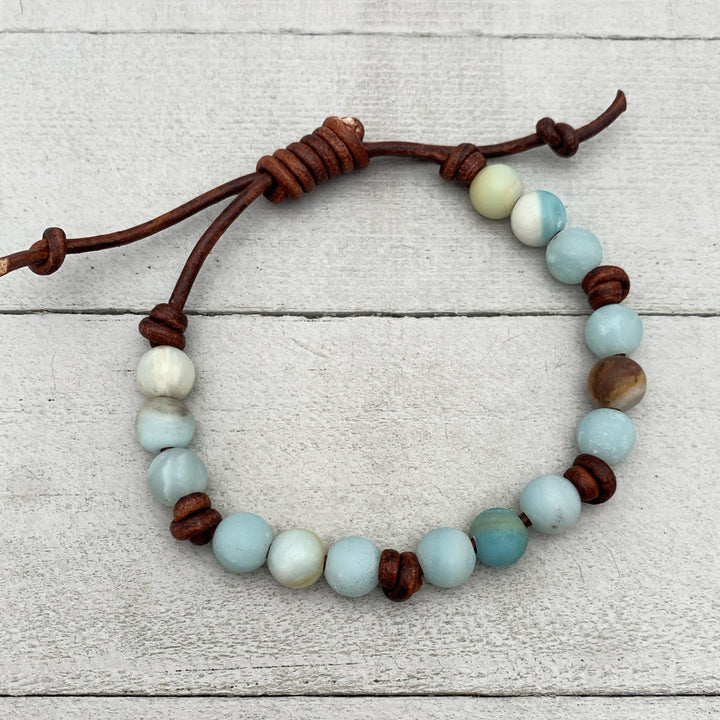 Multi-color Amazonite & Brown Leather Stacking Bracelet| Adjustable | Gemstone Boho Layering Jewelry Gift - SunlightSilver