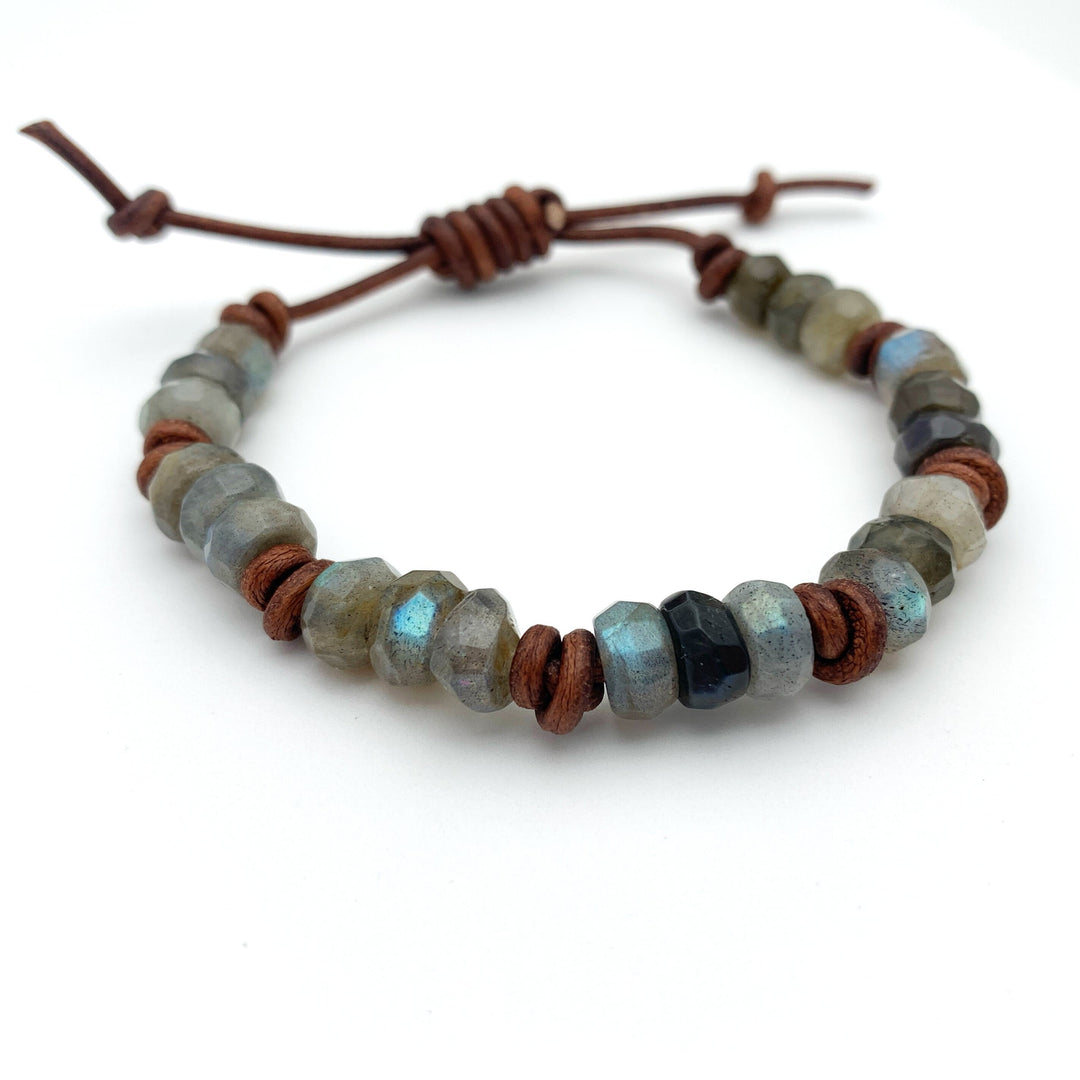 Faceted Labradorite Gemstone and Rustic Brown Leather Stacking Bracelet - SunlightSilver