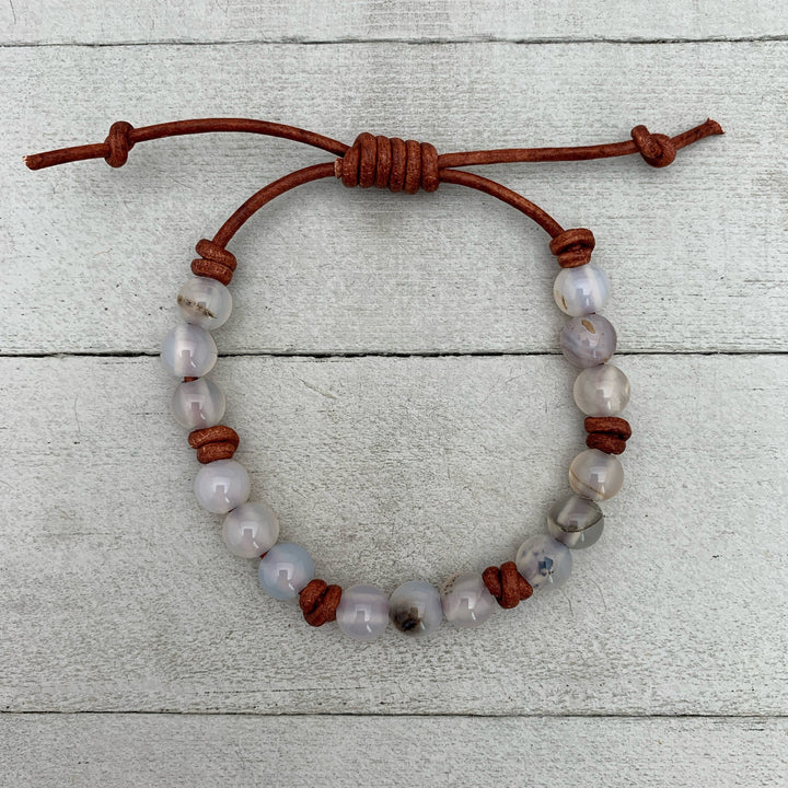 Montana Agate Gemstone and Rustic Brown Leather Bracelet - SunlightSilver