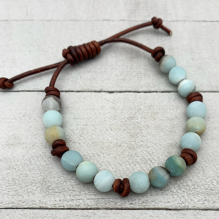 Multicolor Amazonite Gemstone and Rustic Brown Leather Bracelet - SunlightSilver