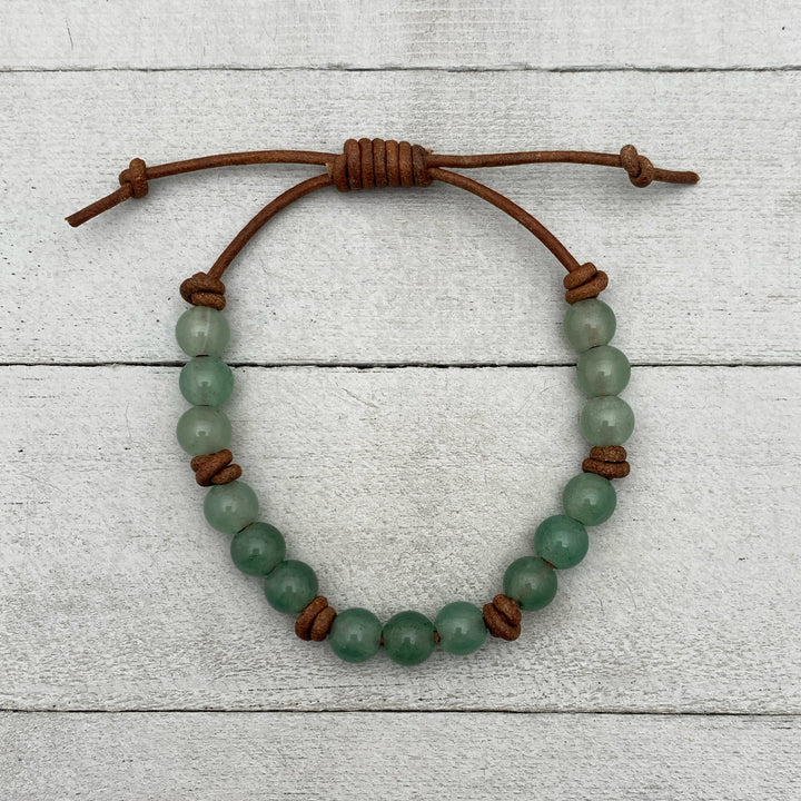 Aventurine Gemstone and Rustic Brown Leather Layering Bracelet - SunlightSilver