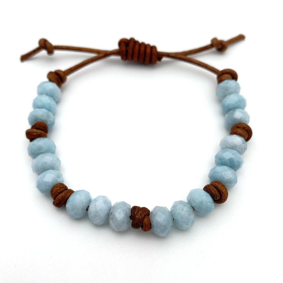 Aquamarine and Rustic Brown Leather Bracelet. Faceted Blue Gemstones - SunlightSilver