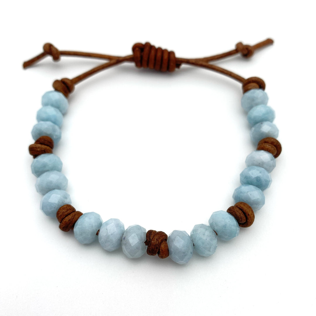 Aquamarine and Rustic Brown Leather Bracelet - SunlightSilver