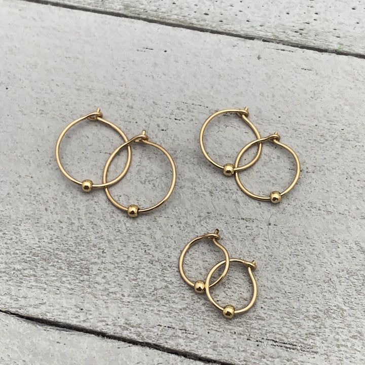 Handmade Yellow Gold Hoop Earrings with Bead – 14k Gold Filled Small Hoops – 24/7 Day & Night Minimalist Earrings – Tiny Cartilage Hoops - SunlightSilver
