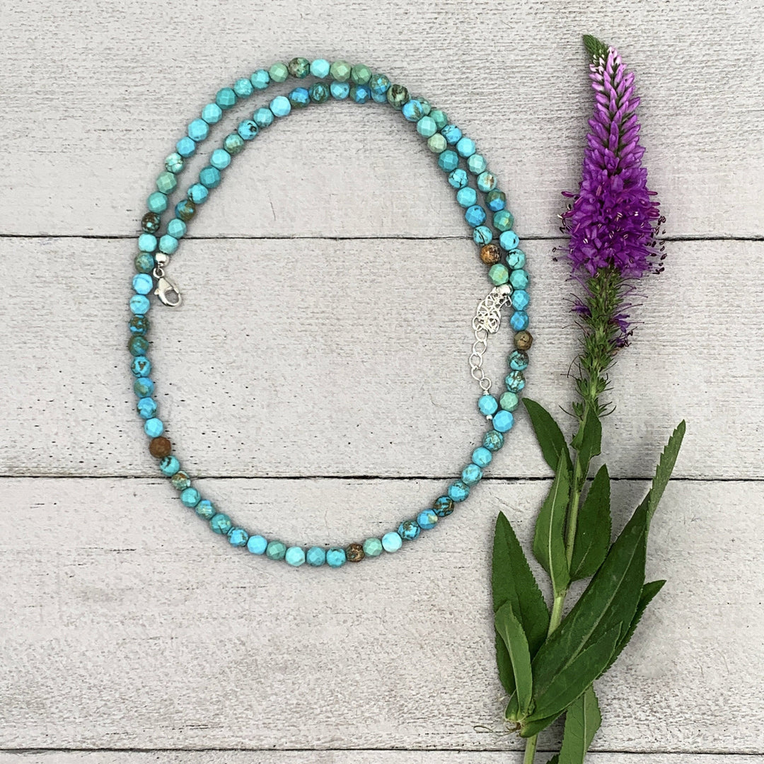 Faceted Turquoise and Sterling Silver Beaded Necklace. Small 4mm beads - SunlightSilver