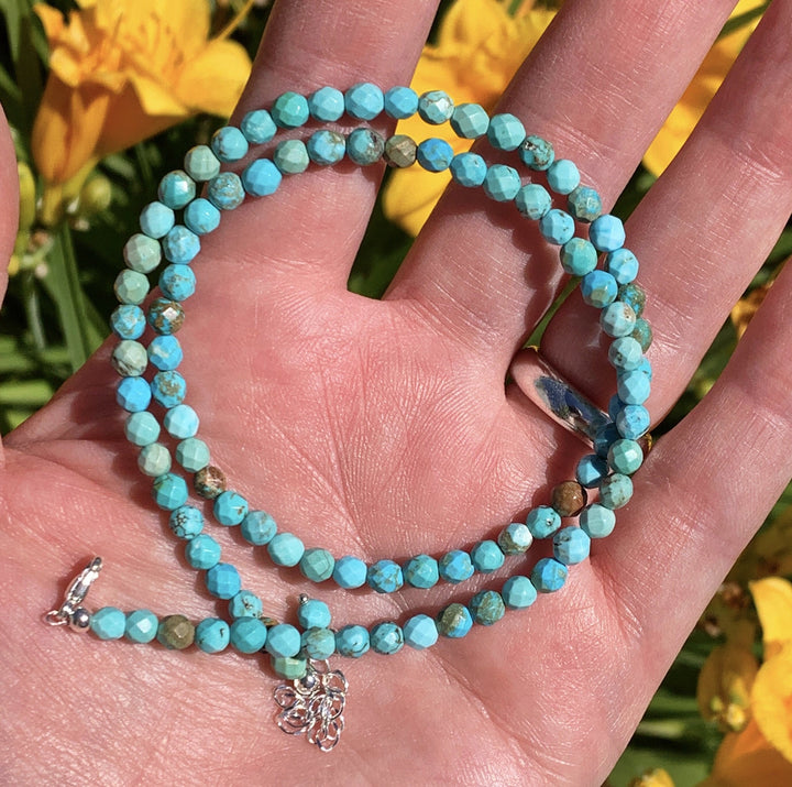 Faceted Turquoise and Sterling Silver Beaded Necklace. Small 4mm beads - SunlightSilver