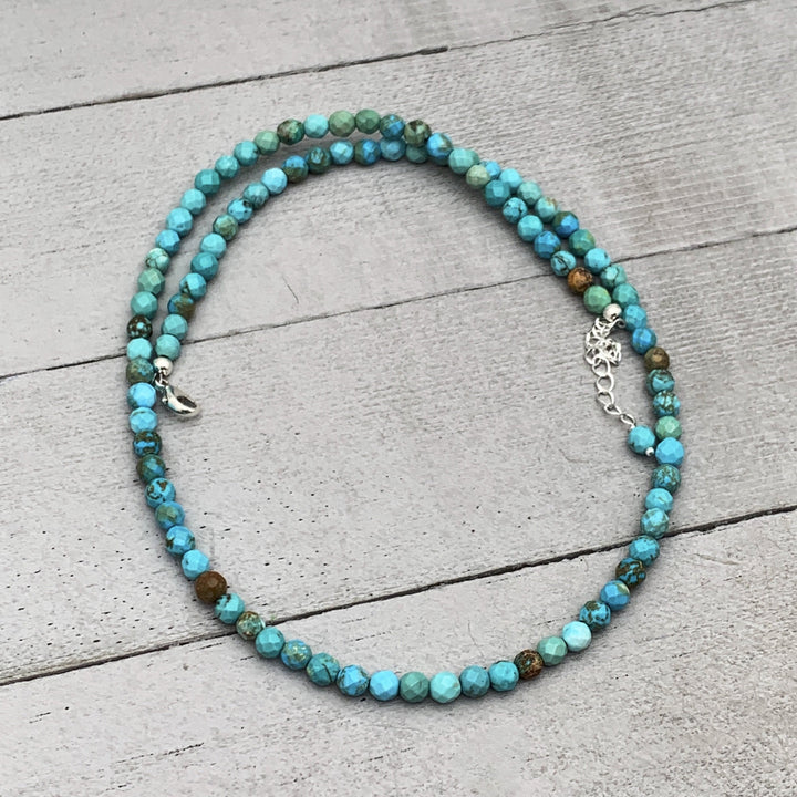 Faceted Turquoise and Sterling Silver Beaded Necklace. Small 4mm beads - SunlightSilver