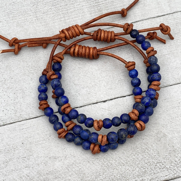 Lapis Lazuli and Rustic Brown Leather Bracelet. Smaller 5-6mm Matte Beads - SunlightSilver