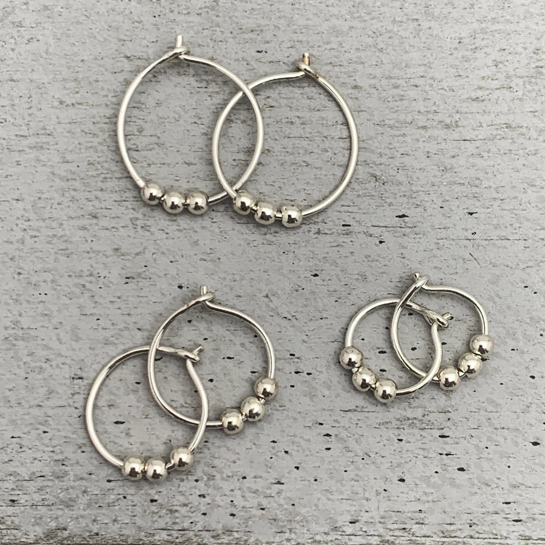 Sterling Silver Small Hoop Earrings with 3 Silver Ball Beads - SunlightSilver