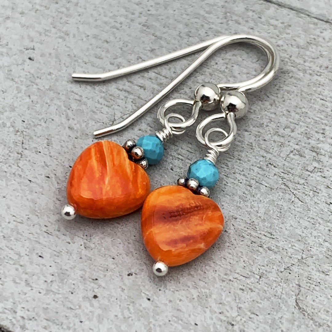 Spiny Oyster Shell Heart, Turquoise and Sterling Silver Earrings - SunlightSilver