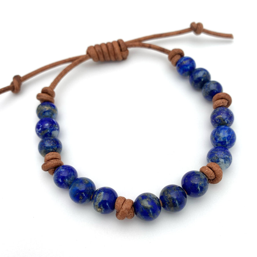 Lapis Lazuli and Rustic Brown Leather Bracelet - SunlightSilver