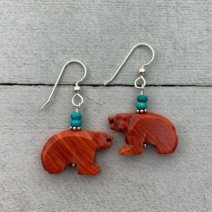 Zuni Bear Coral and Turquoise Earrings. Carved Native American Fetish - SunlightSilver