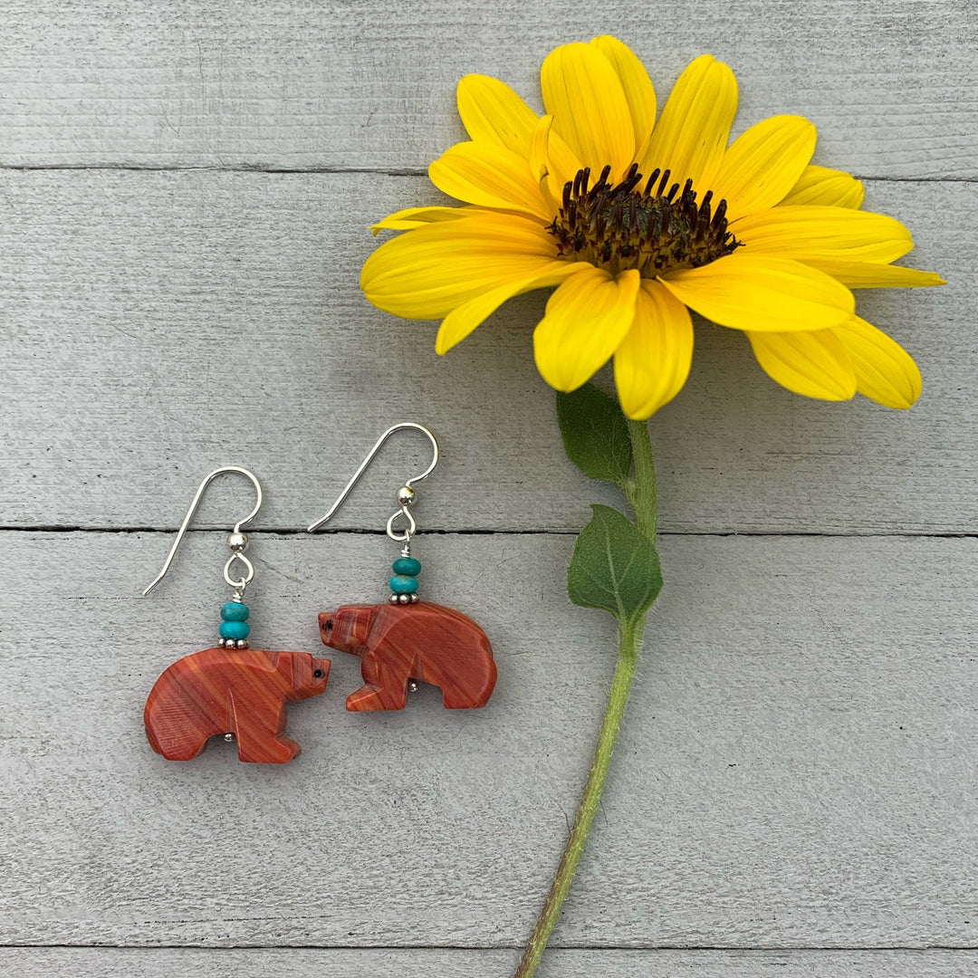 Zuni Bear Coral and Turquoise Earrings. Carved Native American Fetish - SunlightSilver