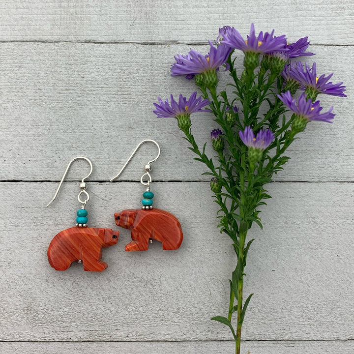 Zuni Bear Coral and Turquoise Earrings. Carved Native American Fetish - SunlightSilver