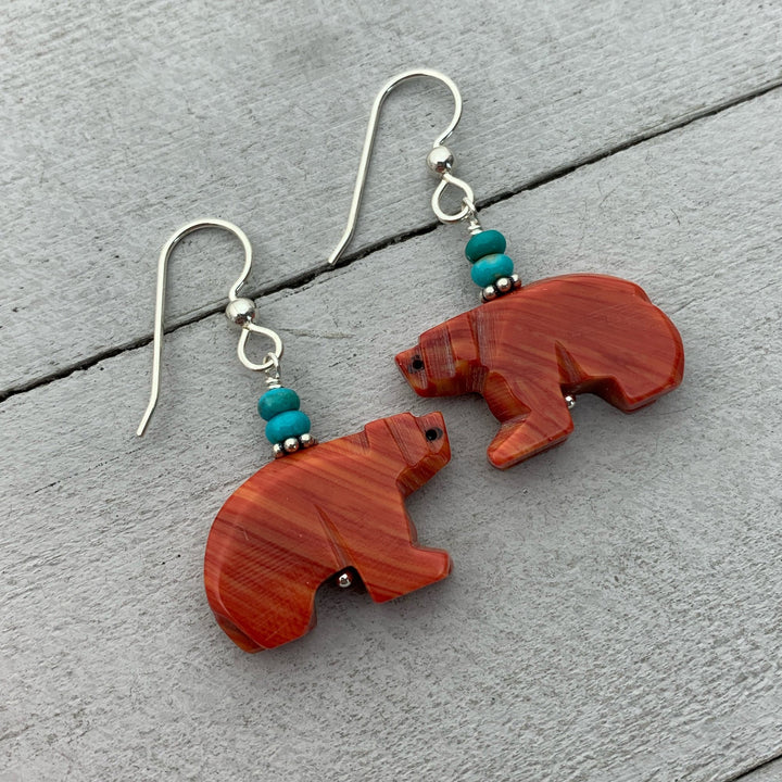 Zuni Bear Coral and Turquoise Earrings. Carved Native American Fetish - SunlightSilver