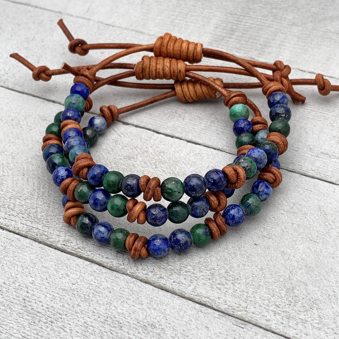 Lapis Malachite Gemstone and Rustic Brown Leather Bracelet - SunlightSilver