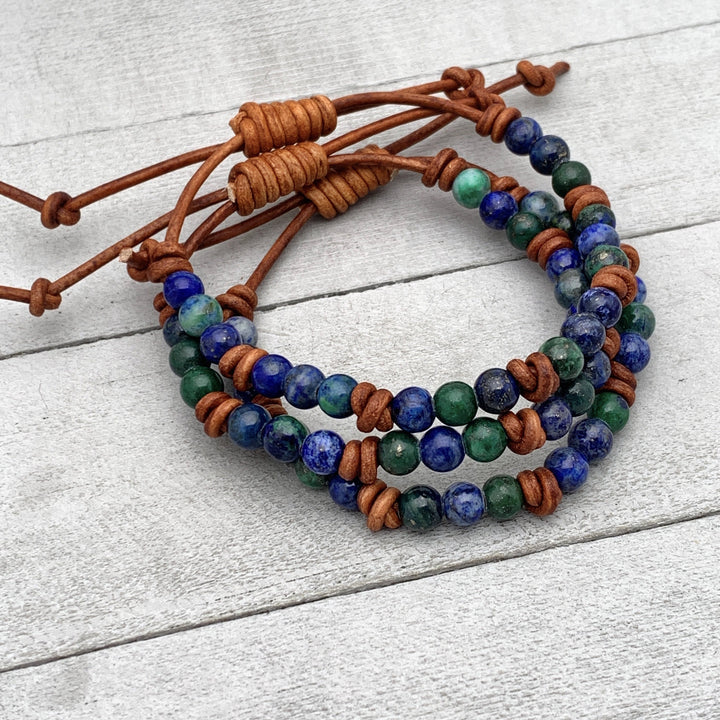 Lapis Malachite Gemstone and Rustic Brown Leather Bracelet - SunlightSilver