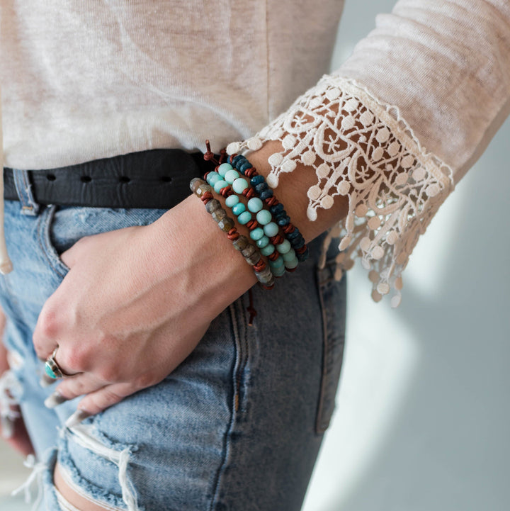 Azurite Gemstone and Rustic Brown Leather Bracelet - SunlightSilver