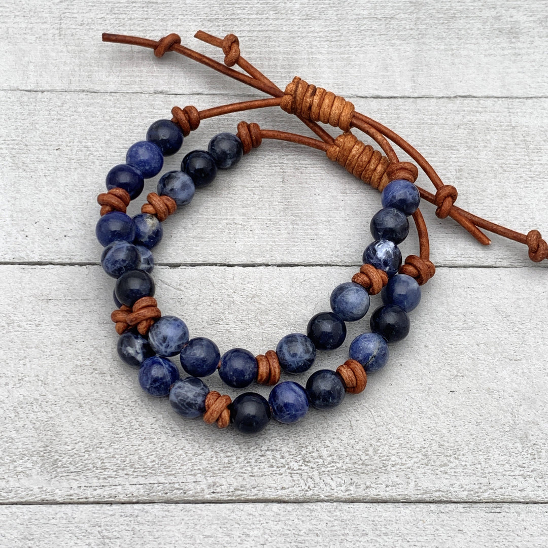 Sodalite Gemstone and Rustic Brown Leather Stacking Bracelet - SunlightSilver