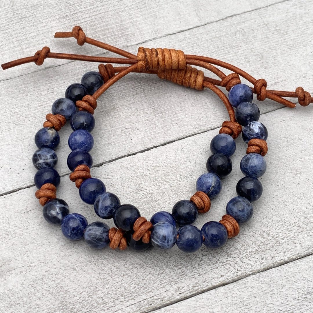 Sodalite Gemstone and Rustic Brown Leather Stacking Bracelet - SunlightSilver