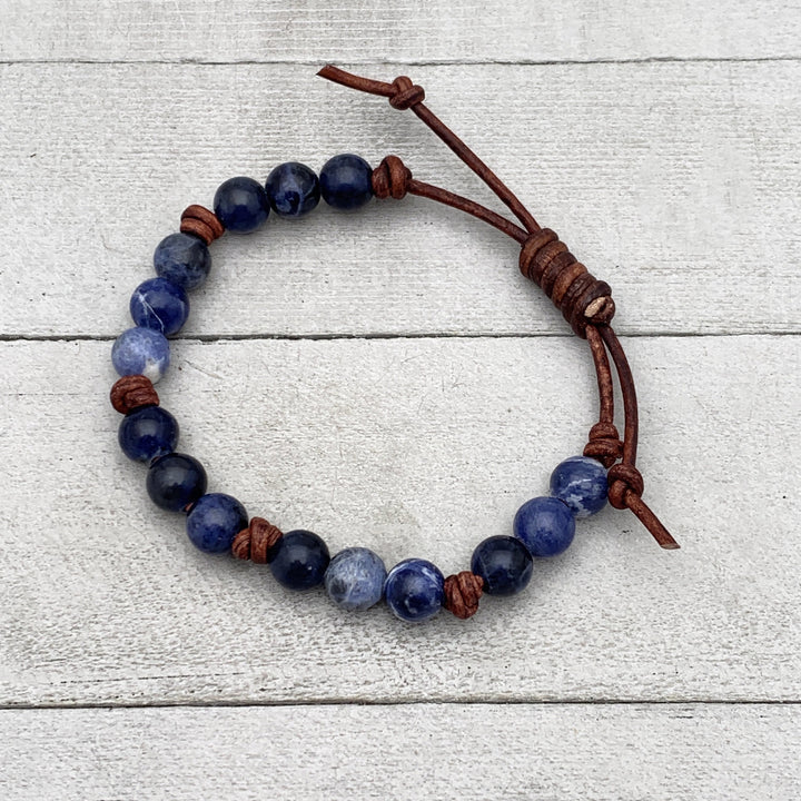 Sodalite Gemstone and Rustic Brown Leather Stacking Bracelet - SunlightSilver