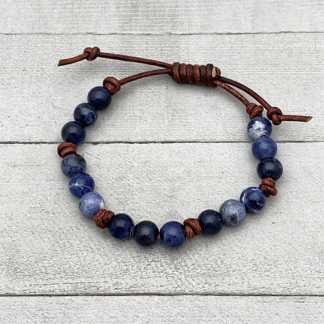 Sodalite Gemstone and Rustic Brown Leather Stacking Bracelet - SunlightSilver