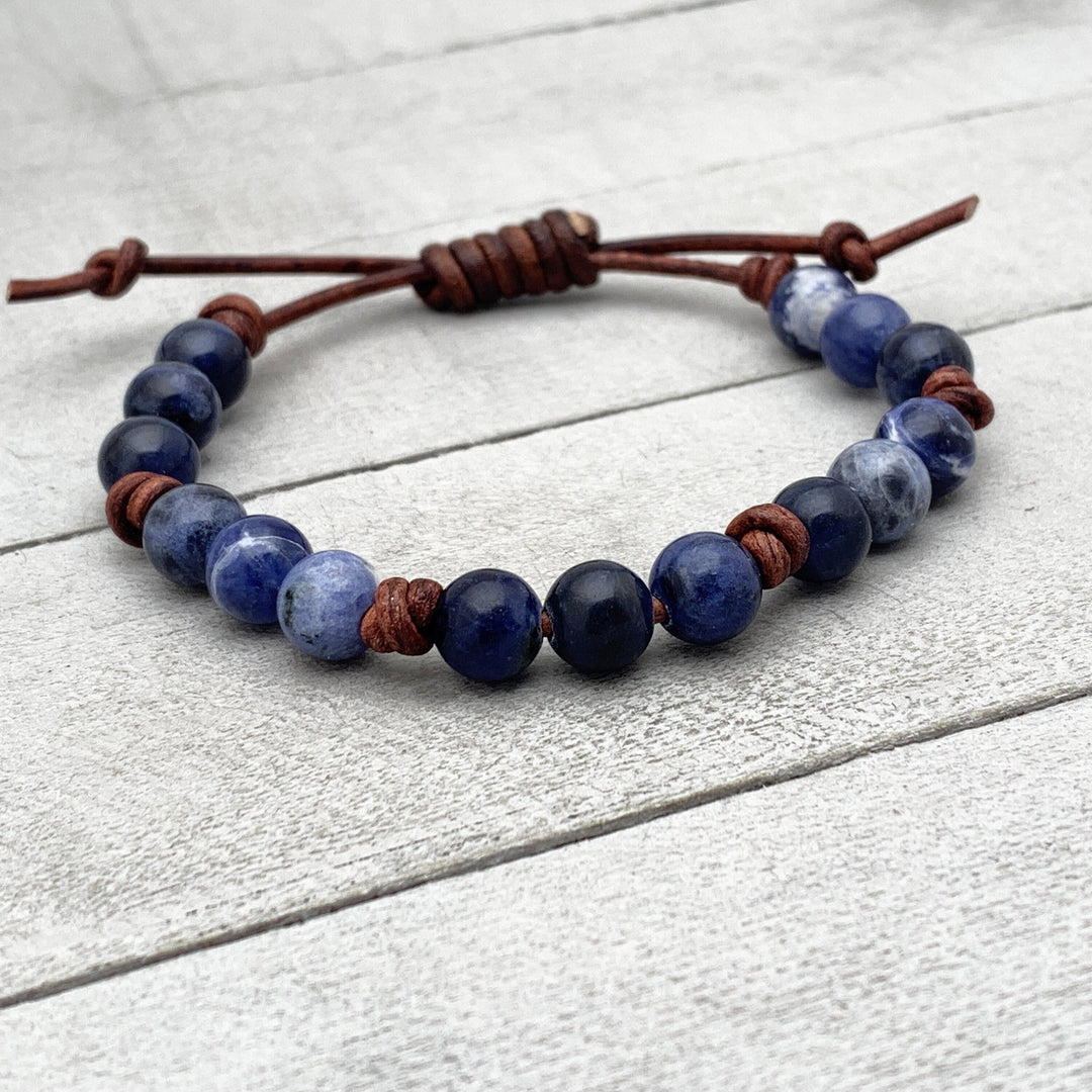 Sodalite Gemstone and Rustic Brown Leather Stacking Bracelet - SunlightSilver