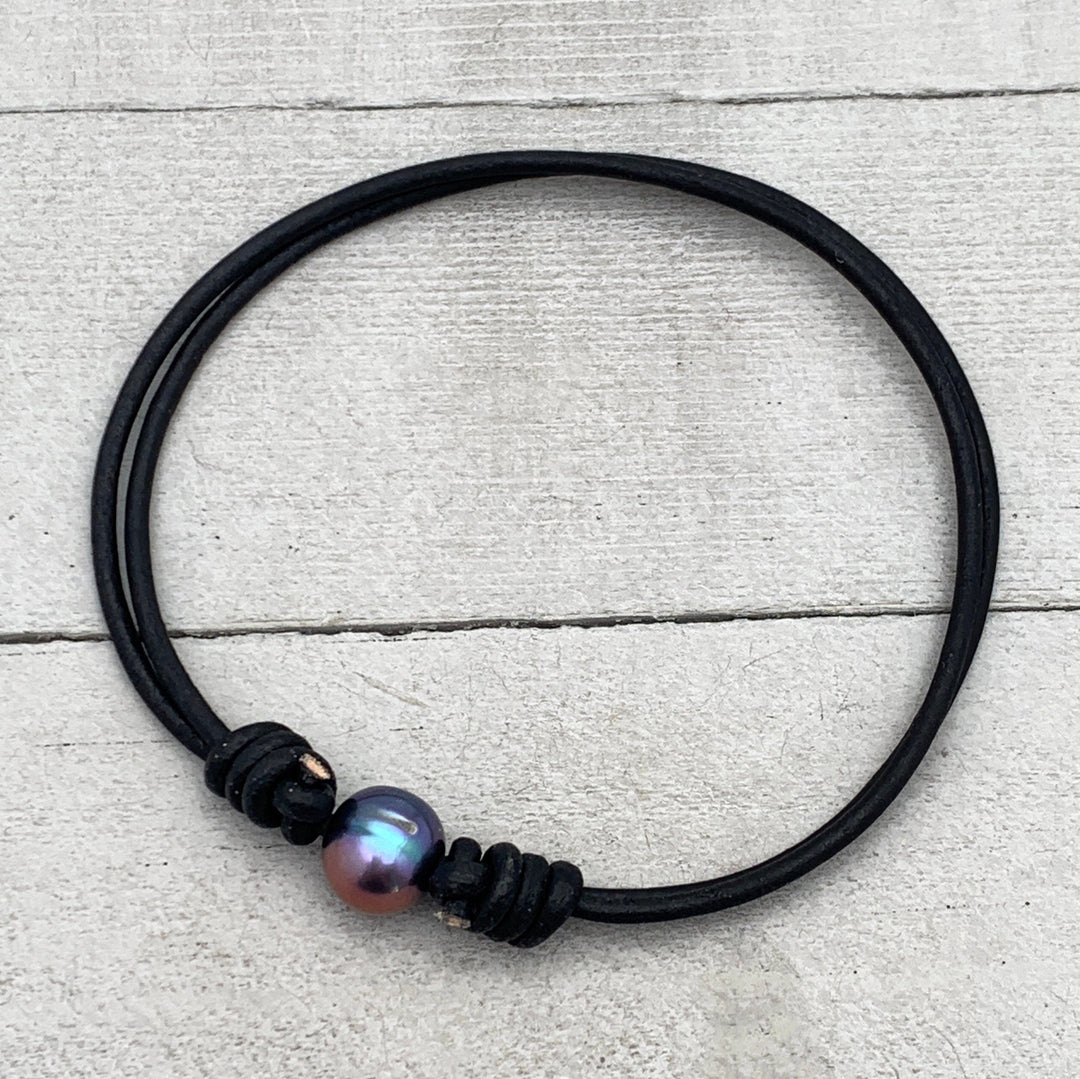 Peacock Pearl and Leather Anklet / Bracelet - SunlightSilver