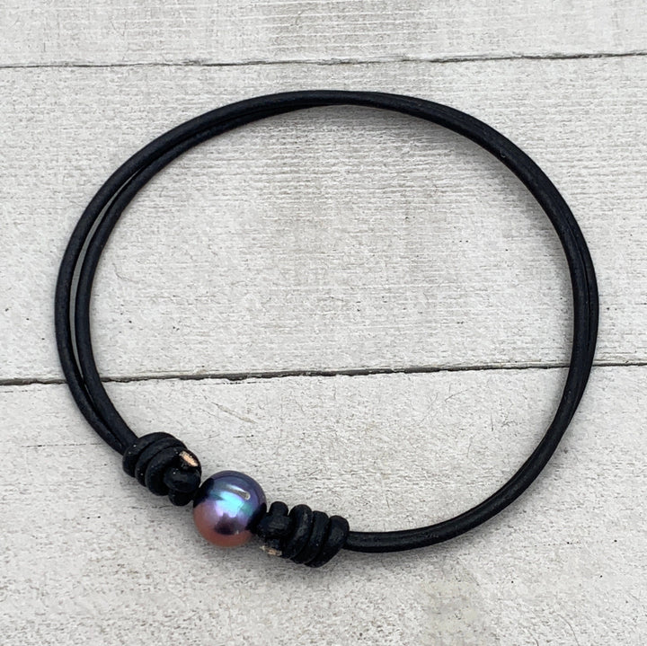 Peacock Pearl and Leather Anklet / Bracelet - SunlightSilver