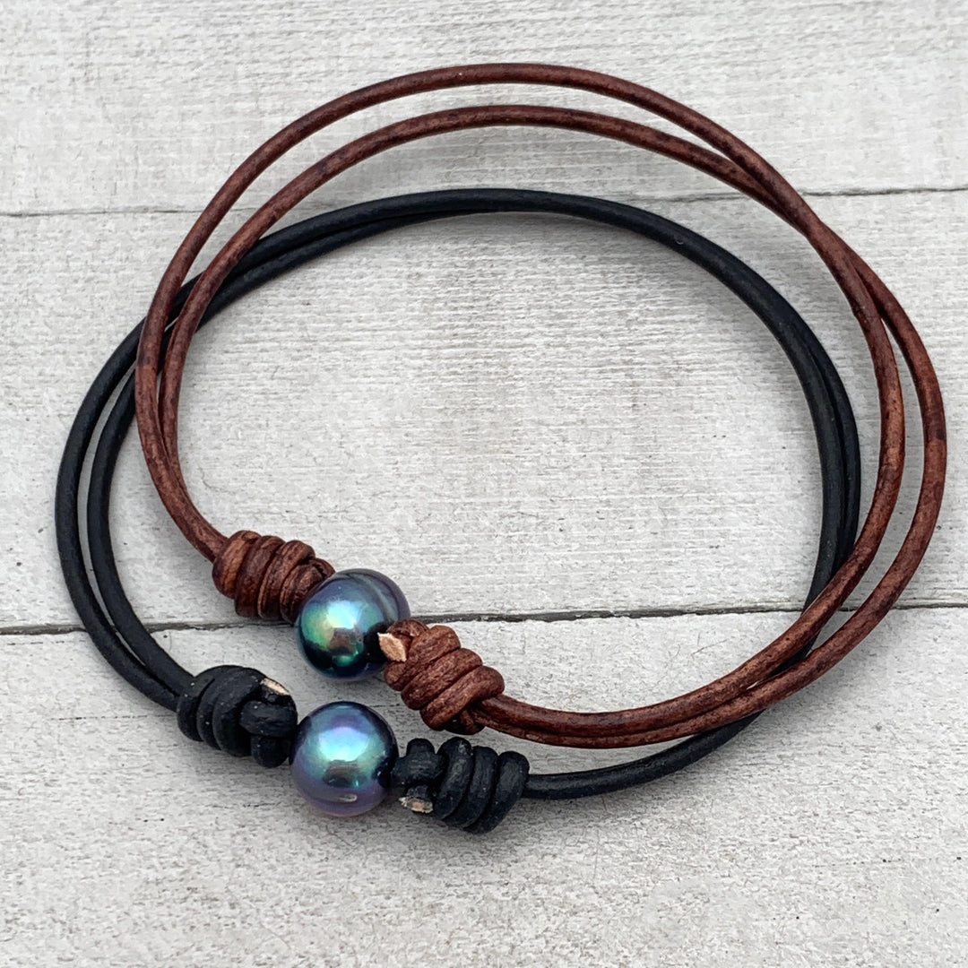 Peacock Freshwater Pearl and Rustic Brown or Black Leather Anklet / Bracelet - SunlightSilver