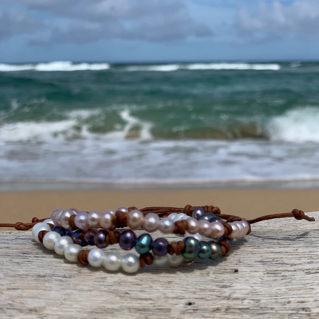 Leather and Pearl Stacking Bracelets - SunlightSilver