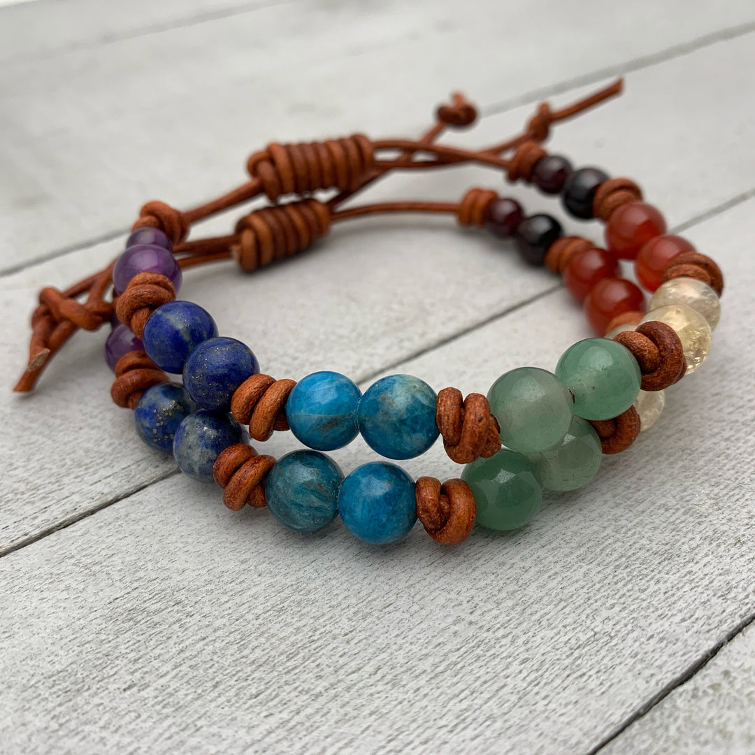 7 Chakra Gemstone Crystal Leather Bracelet. Amethyst, Lapis, Apatite, Aventurine, Citrine, Carnelian and Garnet - SunlightSilver