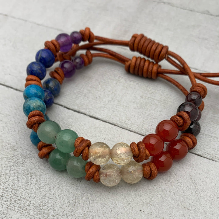 7 Chakra Gemstone Crystal Leather Bracelet. Amethyst, Lapis, Apatite, Aventurine, Citrine, Carnelian and Garnet - SunlightSilver