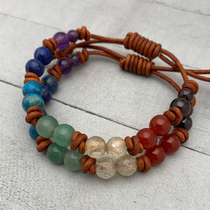 7 Chakra Gemstone Crystal Leather Bracelet - SunlightSilver