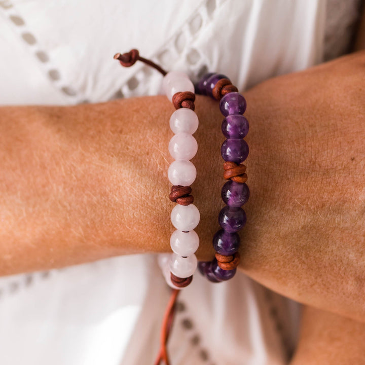 Rose Quartz Crystal and Leather Gemstone Stacking Bracelet - SunlightSilver