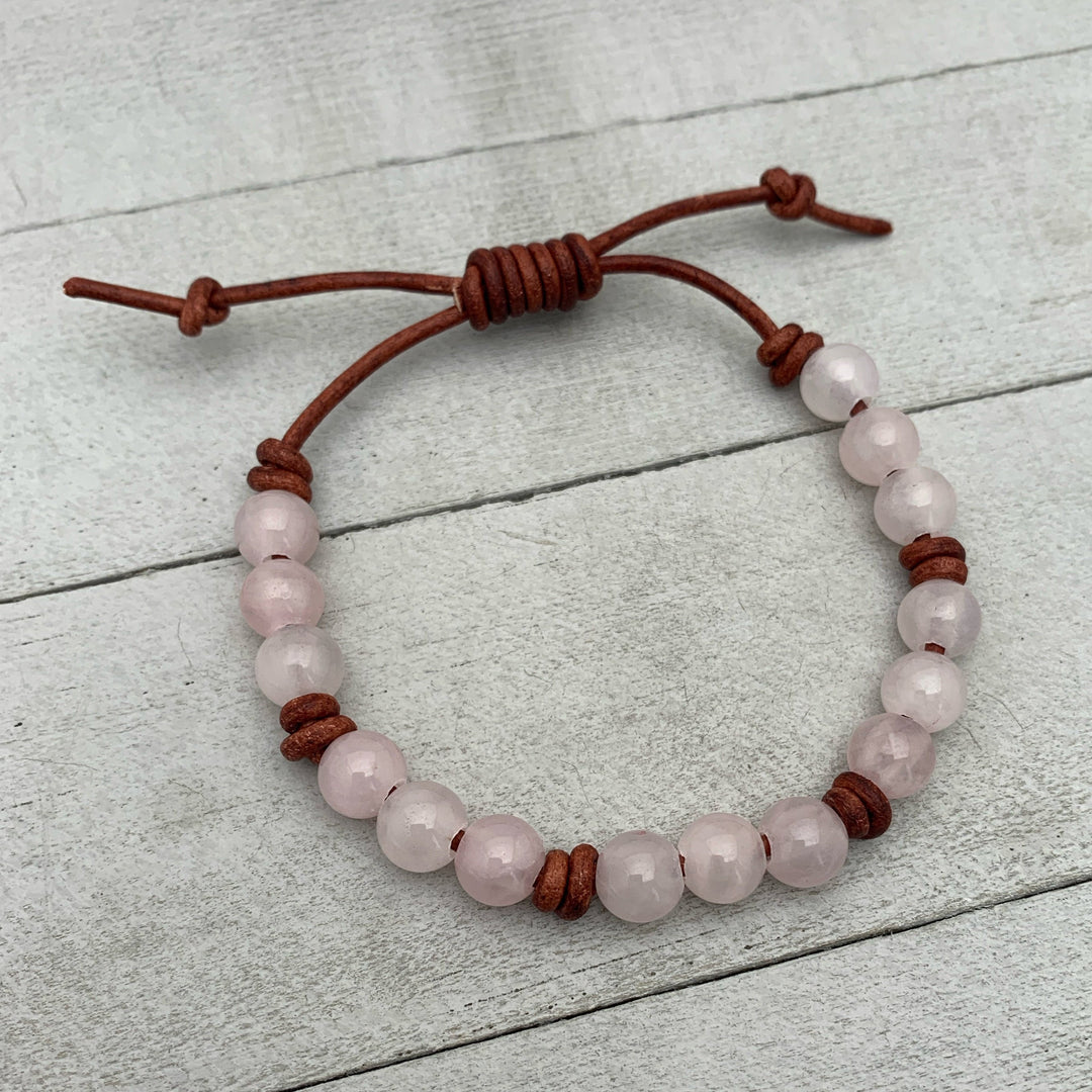 Rose Quartz Crystal and Leather Gemstone Stacking Bracelet - SunlightSilver