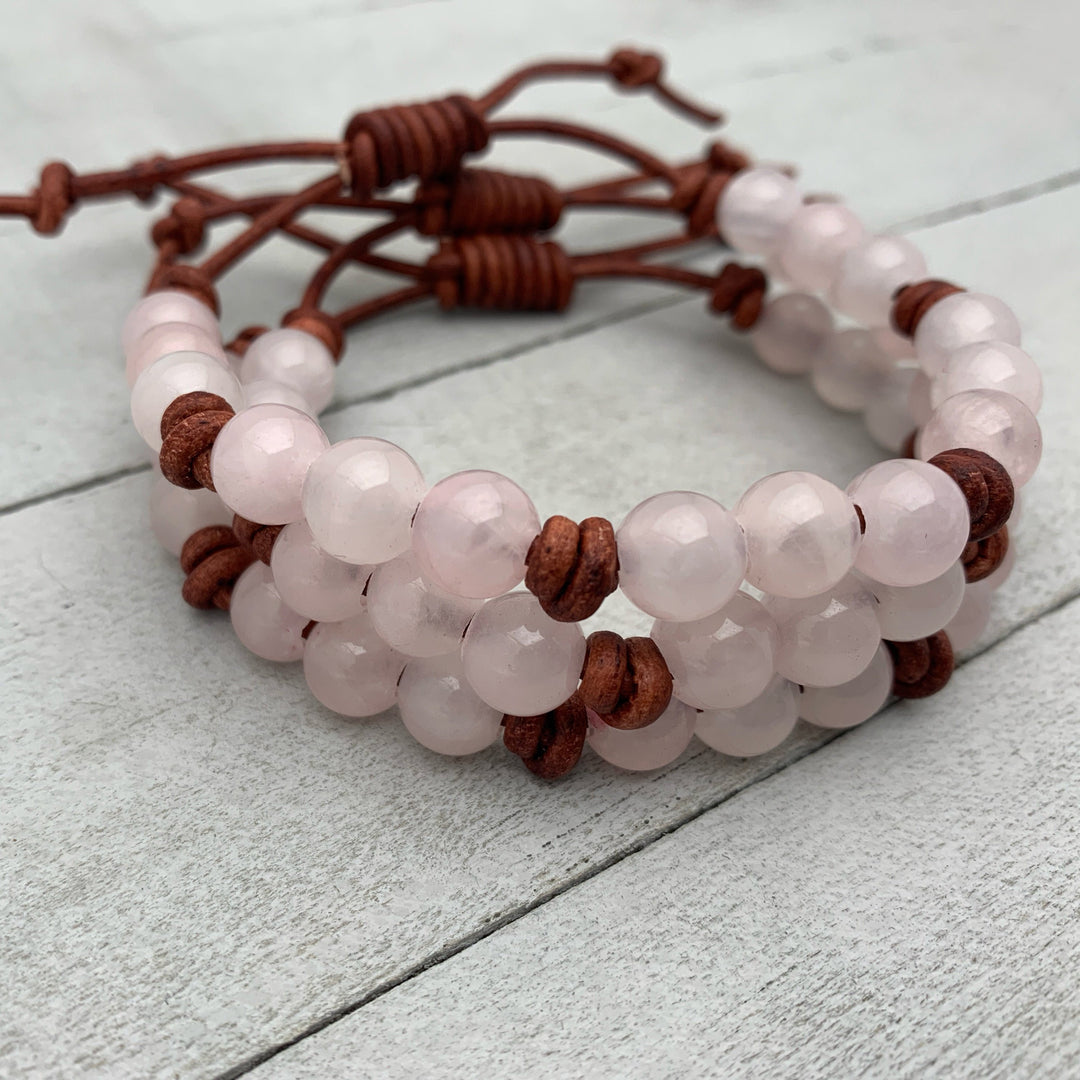 Rose Quartz Crystal and Leather Gemstone Stacking Bracelet - SunlightSilver