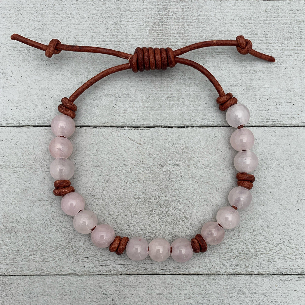 Rose Quartz Crystal and Leather Gemstone Stacking Bracelet - SunlightSilver