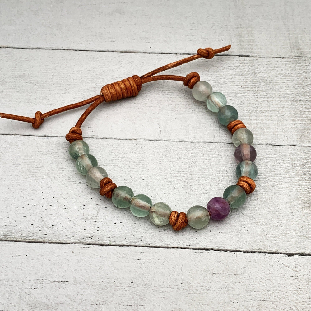 Fluorite Crystal and Rustic Brown Leather Gemstone Stacking Bracelet - SunlightSilver