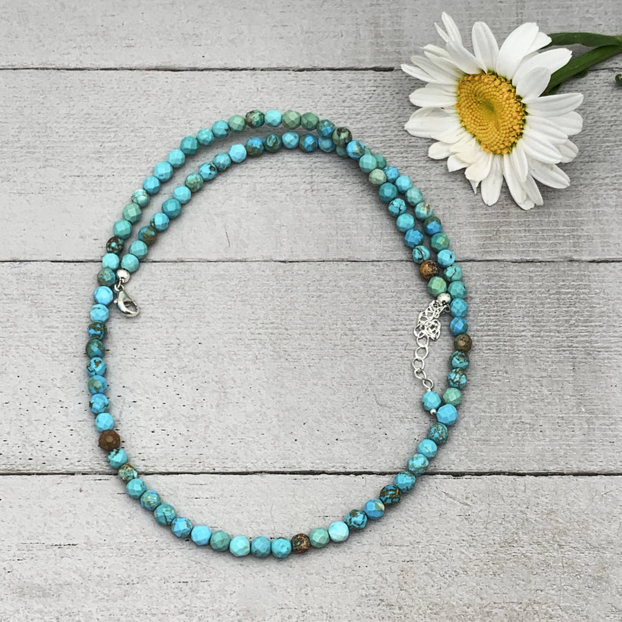 Faceted Turquoise and Sterling Silver Beaded Necklace. Small 4mm beads - SunlightSilver