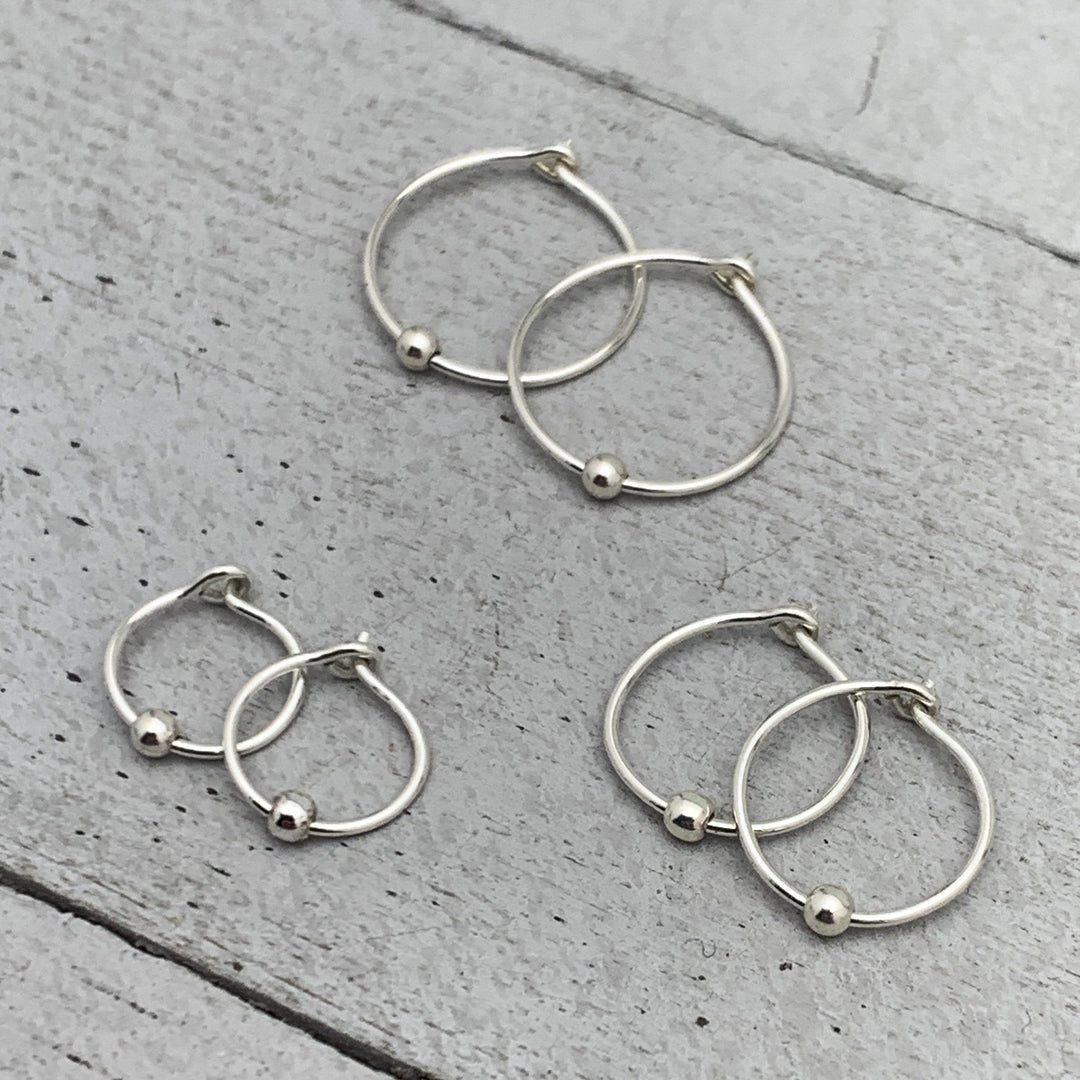 Sterling Silver Tiny Hoop Earrings with Silver Ball Bead - SunlightSilver