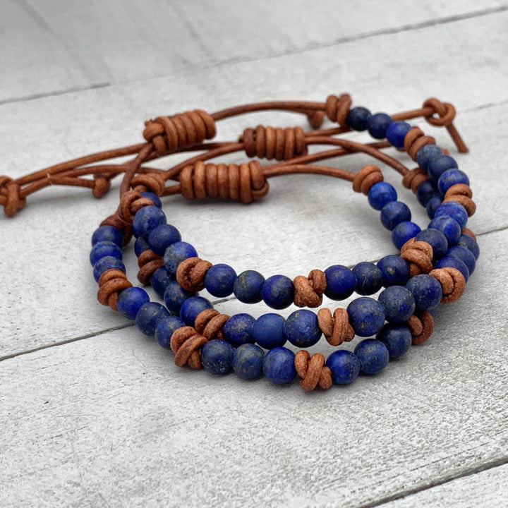 Lapis Lazuli and Rustic Brown Leather Bracelet. Smaller 5-6mm Matte Beads - SunlightSilver