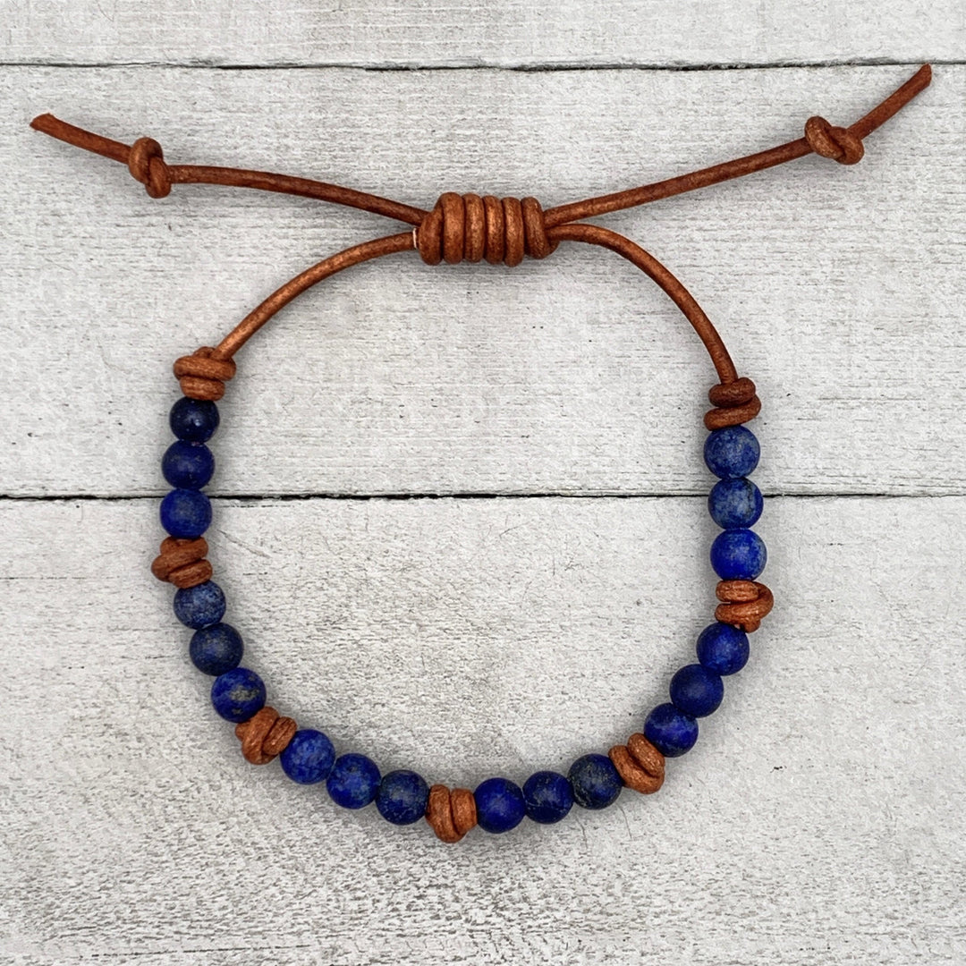 Lapis Lazuli and Rustic Brown Leather Bracelet. Smaller 5-6mm Matte Beads - SunlightSilver